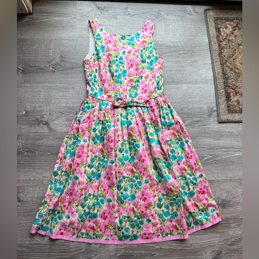 Boden Pink and Teal Floral Midi Dress with Belt